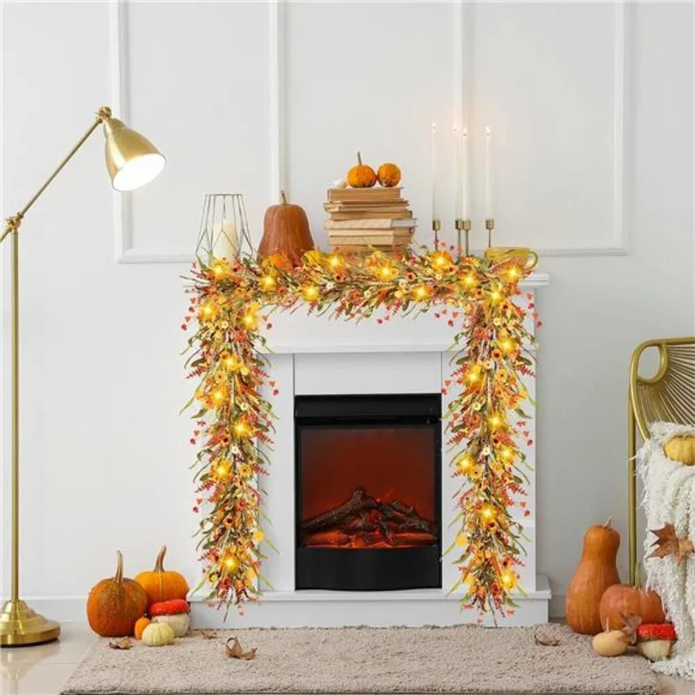 Fall Garland with Lights 6Ft Autumn Garland with Orange Daisy